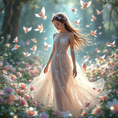 The primary subject of the image is a woman wearing a white dress, standing in a field filled with flowers. The setting is a lush, colorful garden with a variety of flowers surrounding her. The visual style of the image is a combination of photo and digital art, creating a vibrant and whimsical atmosphere. The colors and mood of the image are predominantly warm and cheerful, with the woman's dress and the flowers adding a touch of elegance and beauty to the scene.